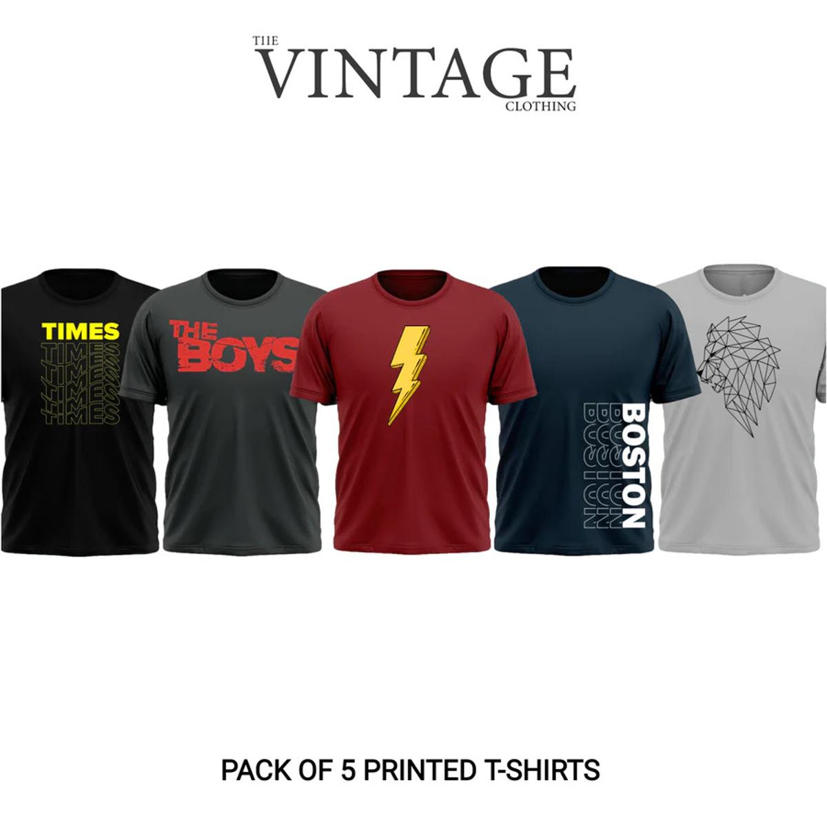 The Vintage Clothing Pack of 5 Graphic Printed T-Shirts For Men Summer Jersey Fabric Casual Streetwear Style Multi Color