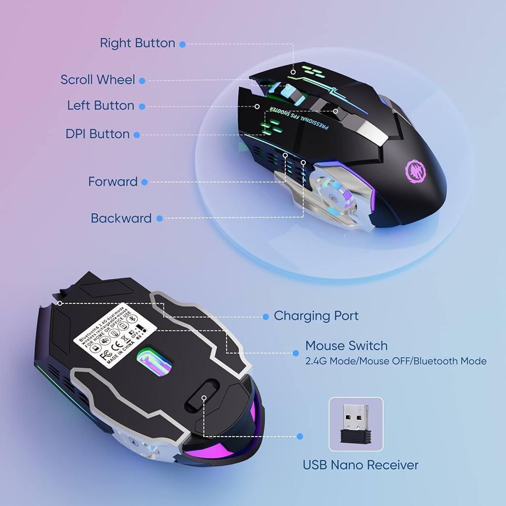 PRO WIRELESS GAMING MOUSE 6D 2.4GHZ+BLUETOOH DUAL MODE RGB RECHARGEABLE LONG BATTERY TIMING