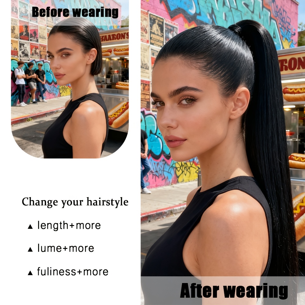 Ponytail Hair Extension for Girls – Hair Pony Extension with Elastic Bands, Straight 28 Inch Long