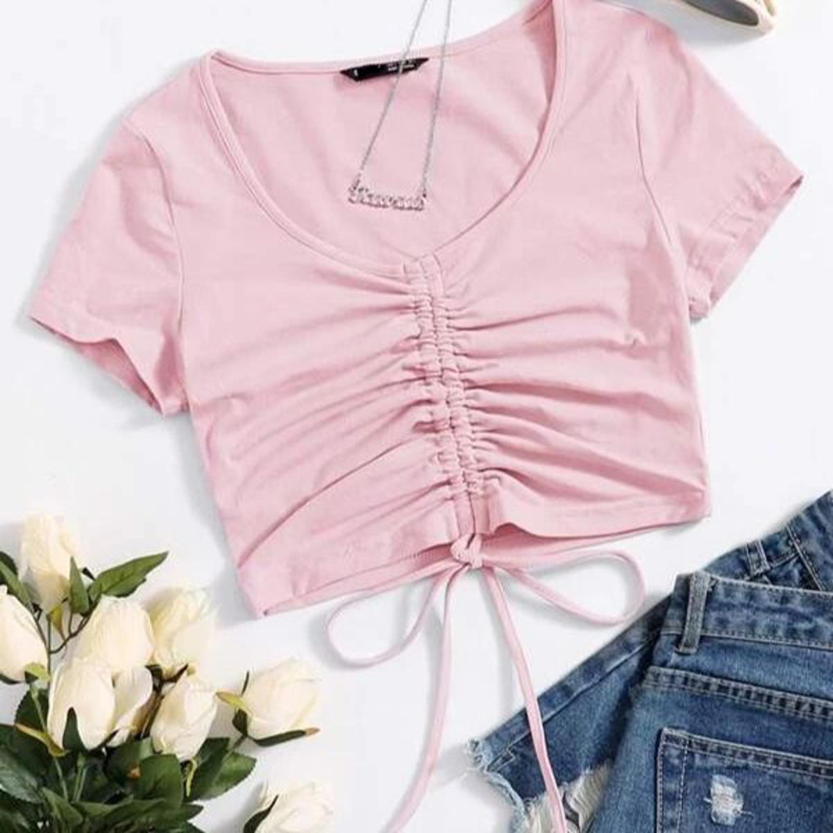 Women's Solid Drawstring Ruched Tee – Stylish and Trendy Cotton Blend (S-XL)