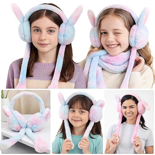 Winter Earmuffs for Kids – Soft Plush Bunny Ear Warmers with Moving Ears & Chu Chu Sound | Faux Fur Warm Ear Muffs for Girls, Boys, Women & Cold Weather Protection, Winter Bunny Ear Moving Earmuffs, Fluffy Rabbit Ear Earmuffs for Girls & Boys