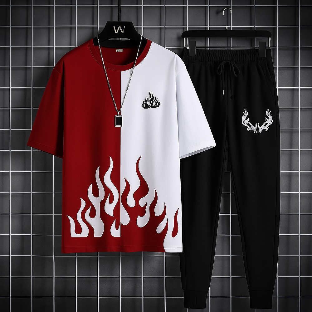 Printed Tracksuit For Men and Boys Summer Cotton Blend Fabric Casual Trendy Sports Style, Maroon and White Color