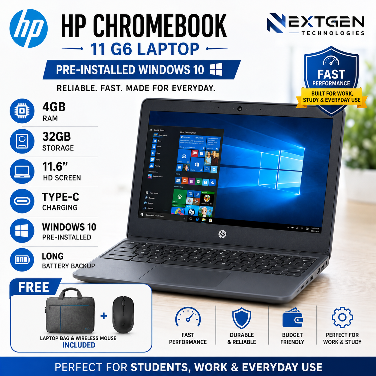 HP Chromebook 11 G6 Laptop – Pre-Installed Windows 10 – 4GB RAM, 32GB Storage – 11.6 HD Screen – Type-C Charging – Fast Performance – Free Laptop Bag & Mouse Included – NEXTGEN TECHNOLOGIES