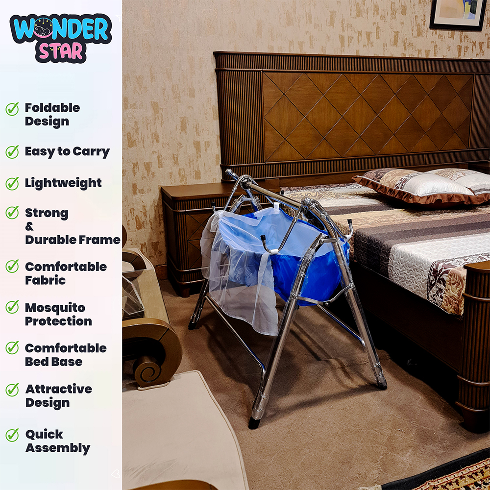 Wonder Star Premium Foldable Baby Cradle Jhoola  Chulungi Style with Mosquito Net  Portable Baby Cot  Chrome Coated Frame  Model 099