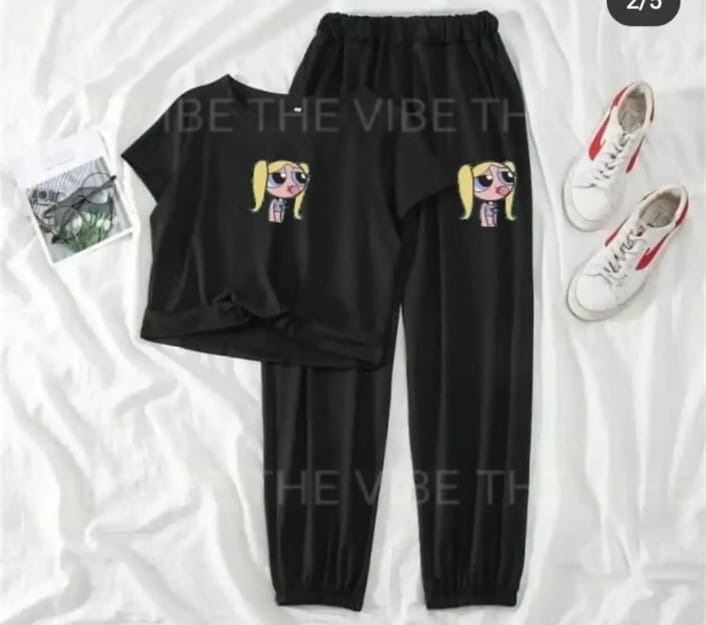 Trendy Famous Catoon Power Puff Girls Tracksuit for Women & Girls Gym Wear printed Crop Top half Sleeve T-Shirt & Trouser for Summer Collection Elegant Wear