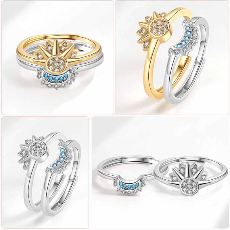 Sun Moon Double  Glamour  Spark Adjustable Zircon Fashion Ring for Girls & Women  Open Design  Shimmering Cubic Zirconia Stone  Trendy Statement Finger Jewelry  Stylish Adjustable Band for Perfect Fit  Luxury Party, Wedding & Daily Wear  ift For Her