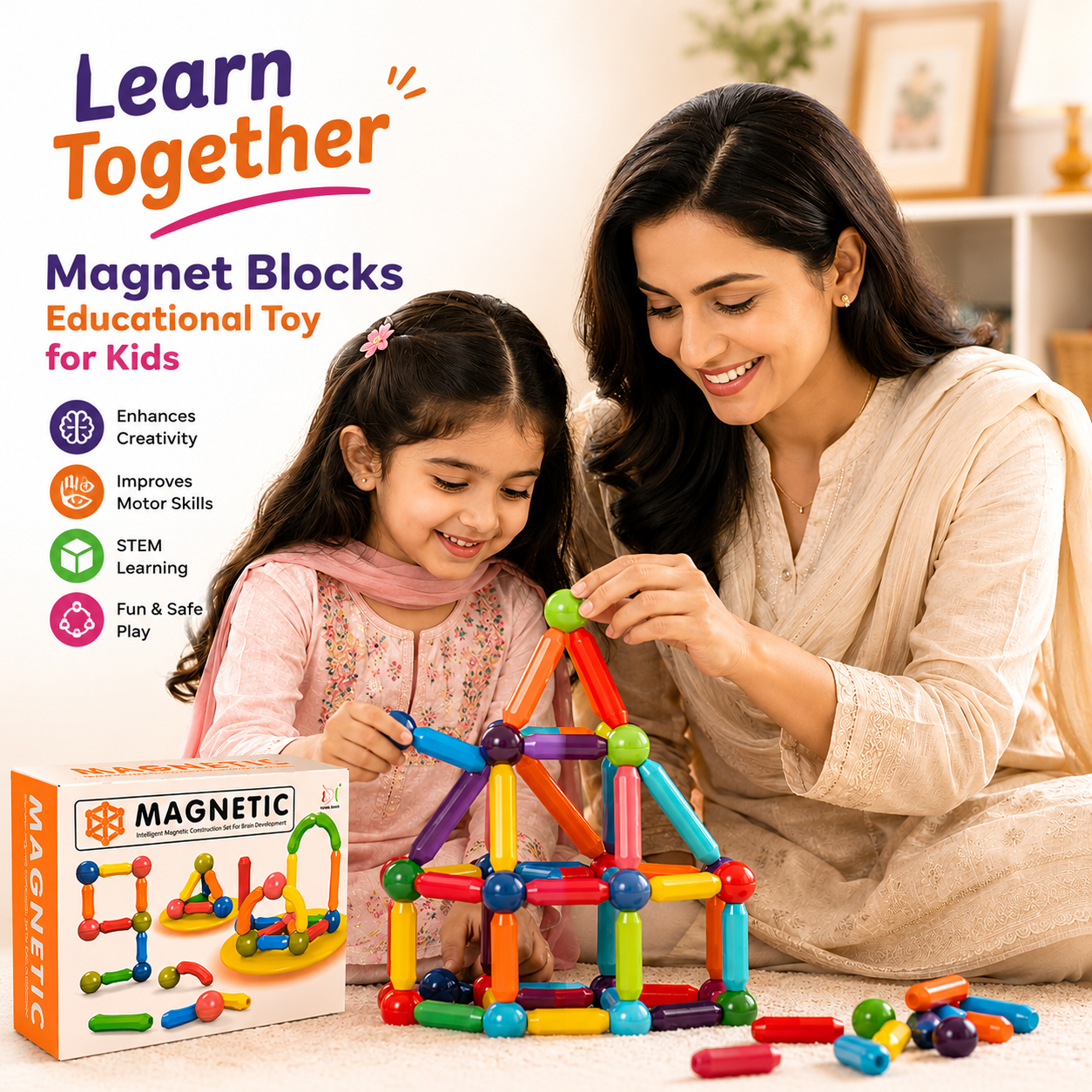 64 Pieces Magnetic Toys Building Blocks  Magnetic Blocks  Toddler STEM Sticks Toy  Learning Educational Block Games Stacking Toys Magnet Blocks