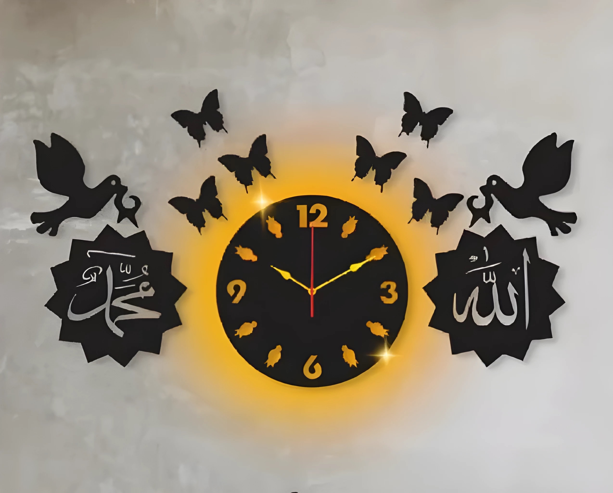 LED Wooden Wall Clock Modern Tea Cup Design with Flower and Birds, Home Decor