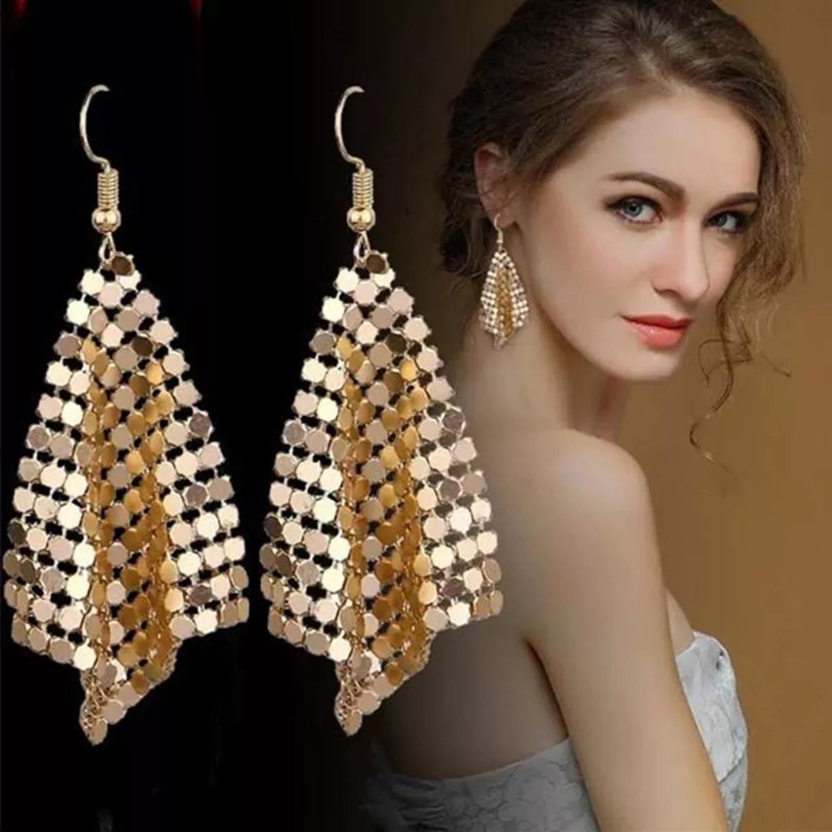 Stylish Mesh Sequin Long Earrings For Girls - Shiny Drop Dangle Earrings For Women - Sequins Geometry Earrings for Girls - Trendy Fashion 2021 - Imported Golden and Rose Gold Color