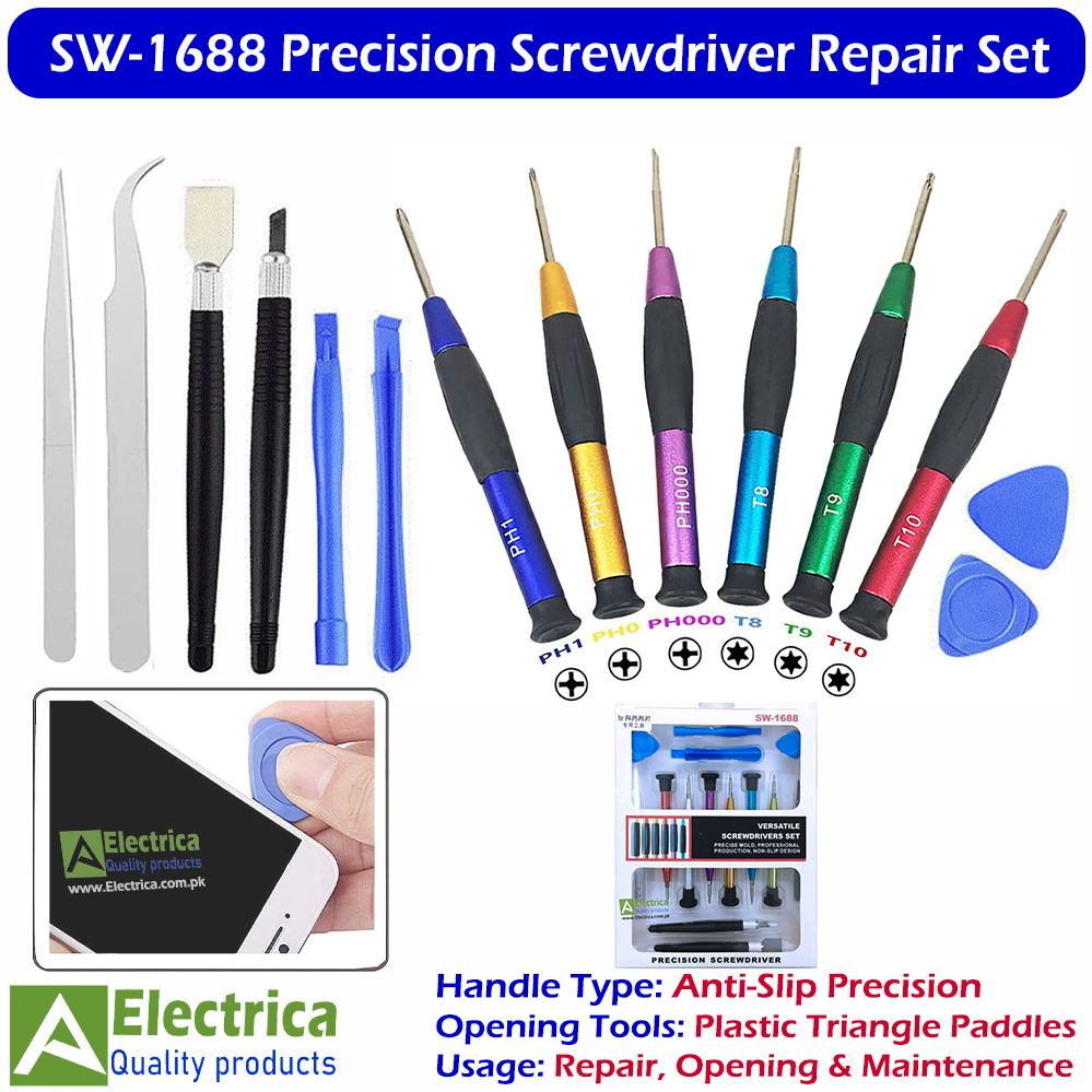 SW-1688 14-in-1 Precision Screwdriver Repair Tool Kit | Professional Magnetic Screwdriver Set with Tweezers, Pry Tools & Opening Tools for Mobile, Laptop & Electronics by Electrica