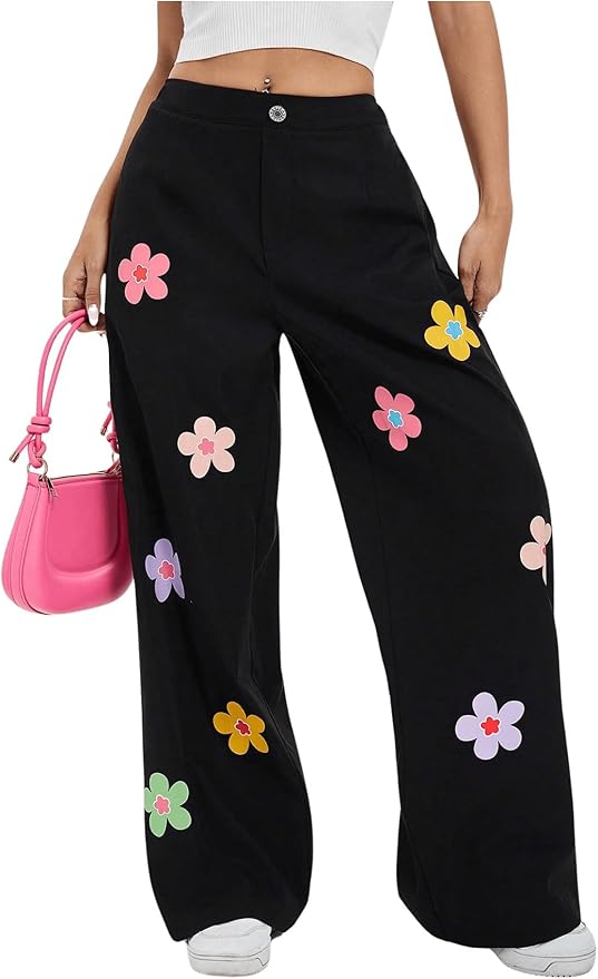 HER'TESORO Flowers Print Wide Leg Jeans For Women