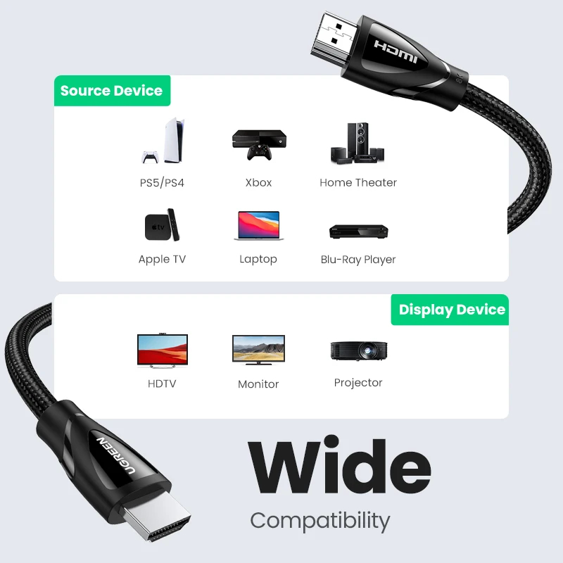 UGREEN 8K HDMI Cable 2.1, 48Gbps Ultra High Speed Braided HDMI Cable, 8K@60Hz 4K@120Hz, Compatible with Computer Projector/ PS5/Xbox Series X /HDTV/Blu-ray