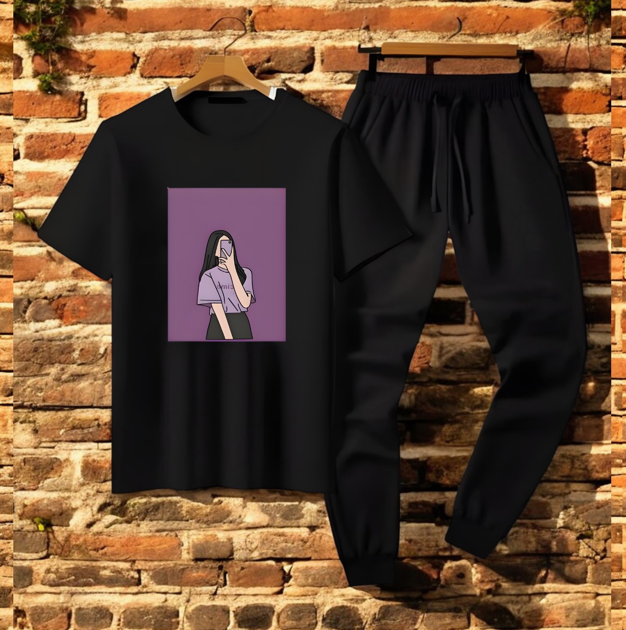 "Stylish And Trendy Girl Selfi Printed Tshirt & Trouser tracksuit for Summer Collection Elegant Wear - Black Trouser shirt for Women And Girls"