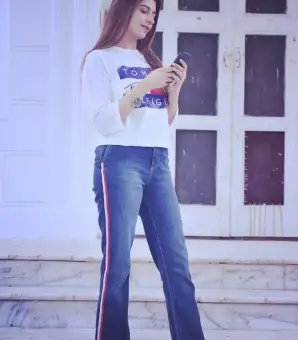 blue and white striped bell bottom jeans