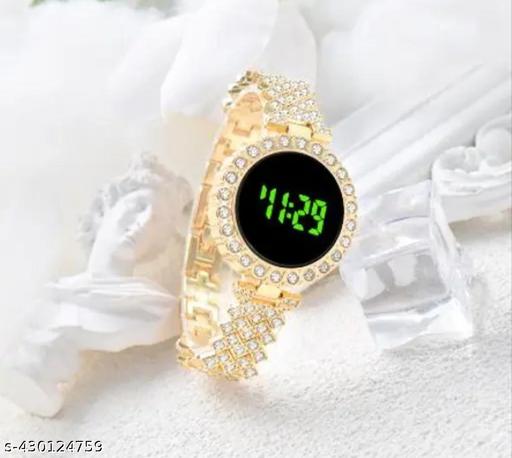 Diamond Touch Screen LED Watch for Ladies –Jewellery For Girls Style in Stainless Steel Chain Digital Wristwatch for Women's – Stylish Fashion Watch For Girls With Bracelet in Silver Stone Round & Square Dial Shape For Gift