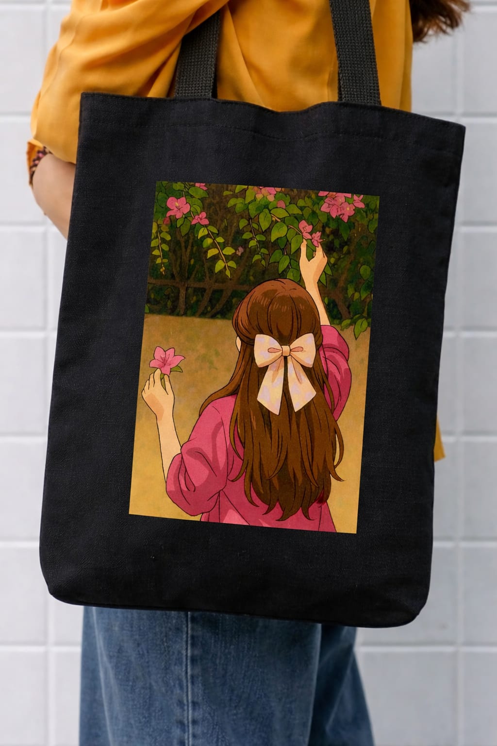 Floral Printed Black Canvas Tote for Her