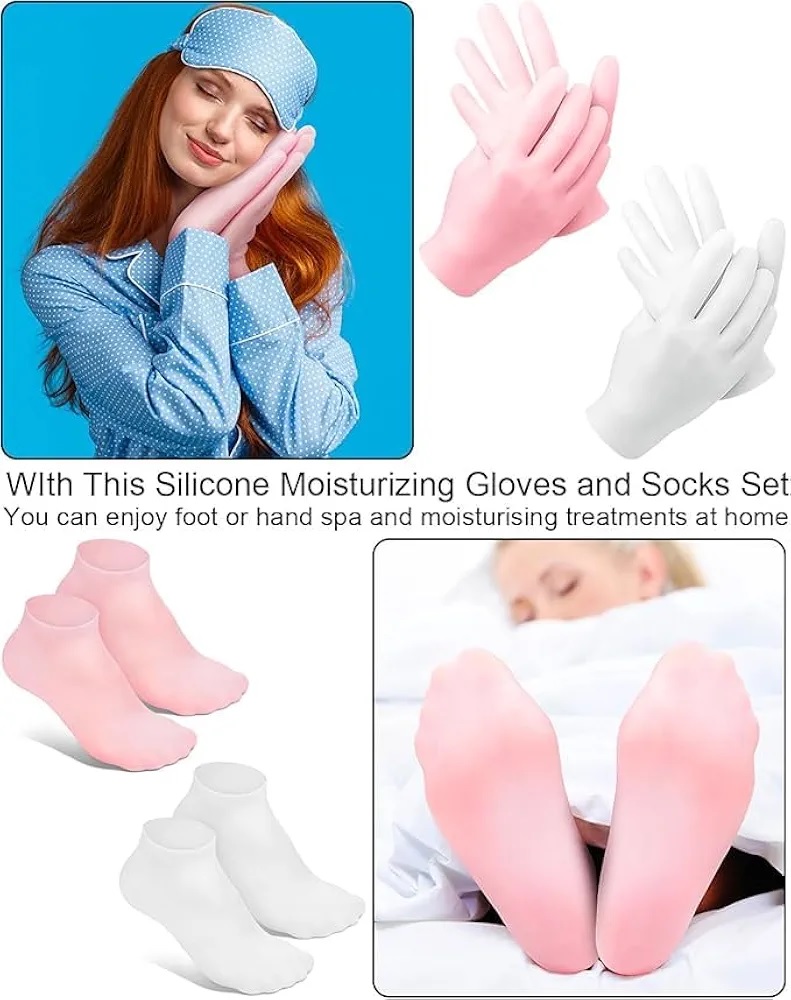 Silicone Moisturizing Socks & Gloves (1 Pair Each) for Intensive Hydration, Roughness Relief & Callus Treatment, Hydrating Skin Care for Dry, Cracked Hands & Feet, Suitable for Most Sizes