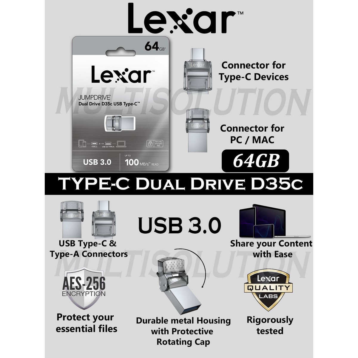 Lexar 64gb Type-c Otg Dual Drive Jump Drive D35c Usb 3.0 Type C
