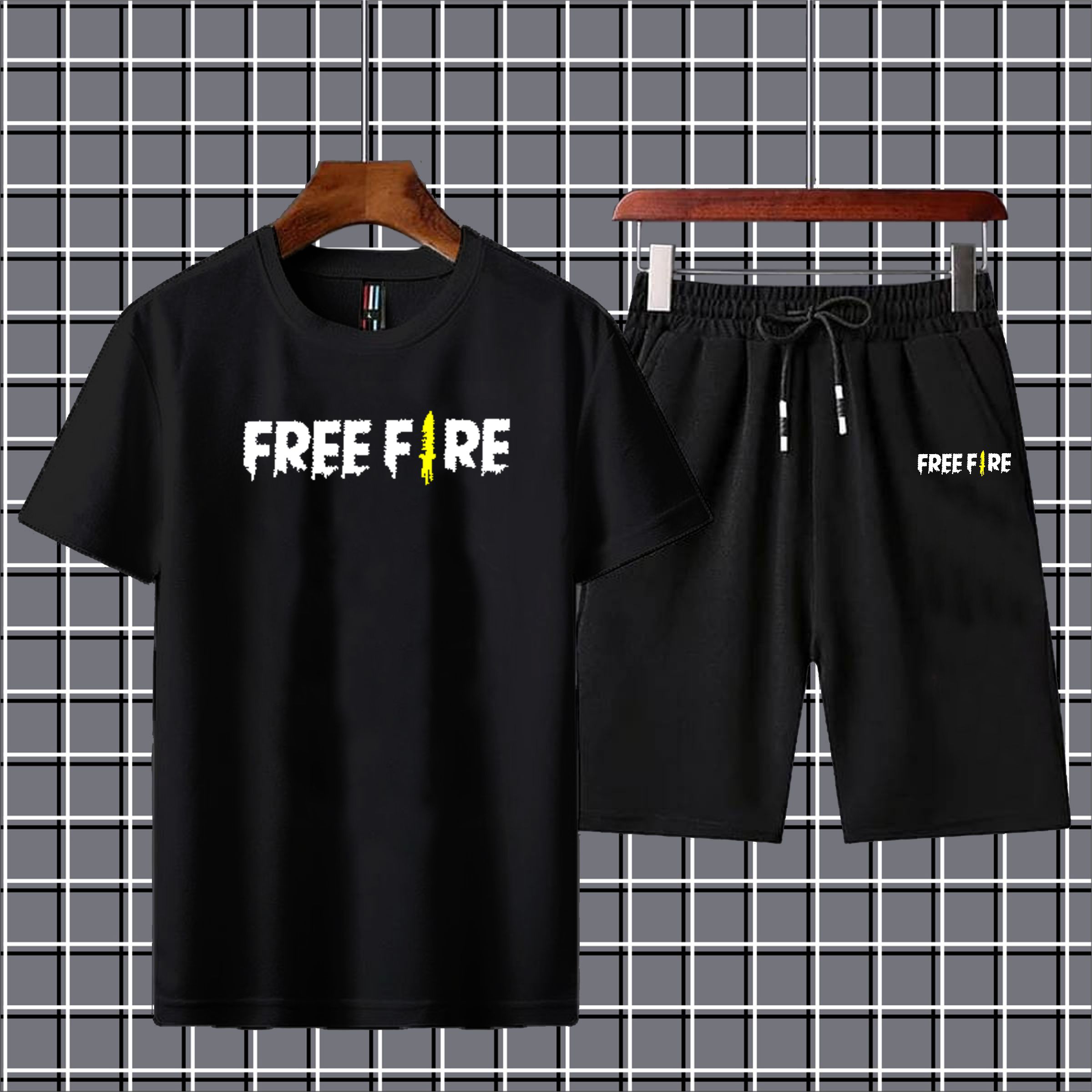 Free fire printed summer short track for men tshirt+short-yellow
