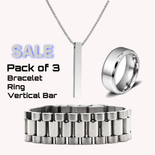 Pack Of 3 Silver Stainless Steel (Chain Bracelet , Titanium Ring & Vertical Bar) For Men & Boys
