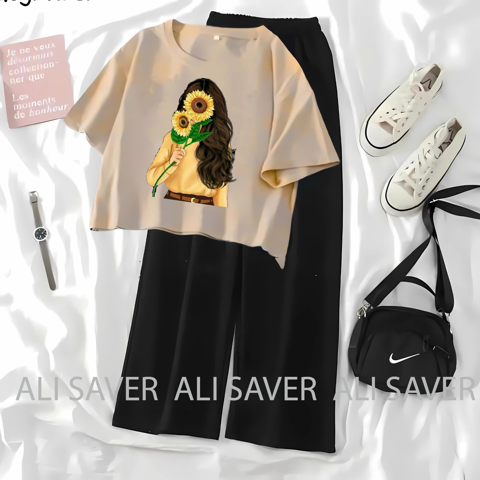 ALISAVER-Crop Top Casual Suit For Women and Girls High Quality Tshirt and Black Flapper