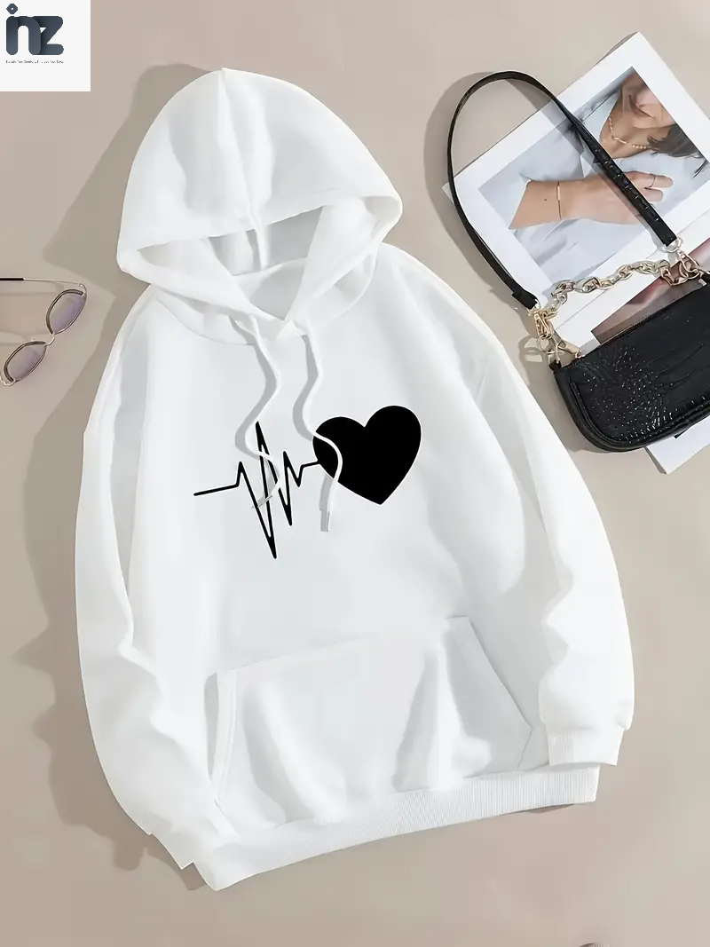 Women's Heart-Print Pullover Hoodie | Long Sleeves, Hood and Front Pocket | Multiple Designs | S-XL