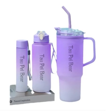 3 in 1(3pcs set) Tumbler , Gradient colour drinking water bottles , Sports freak , school kids/toddler , office going , Gym freaks , iced coffee mug , BPA free grade plastic for girls , women , boys , cold water , with straws 1500ml , 900 ml and 300ml