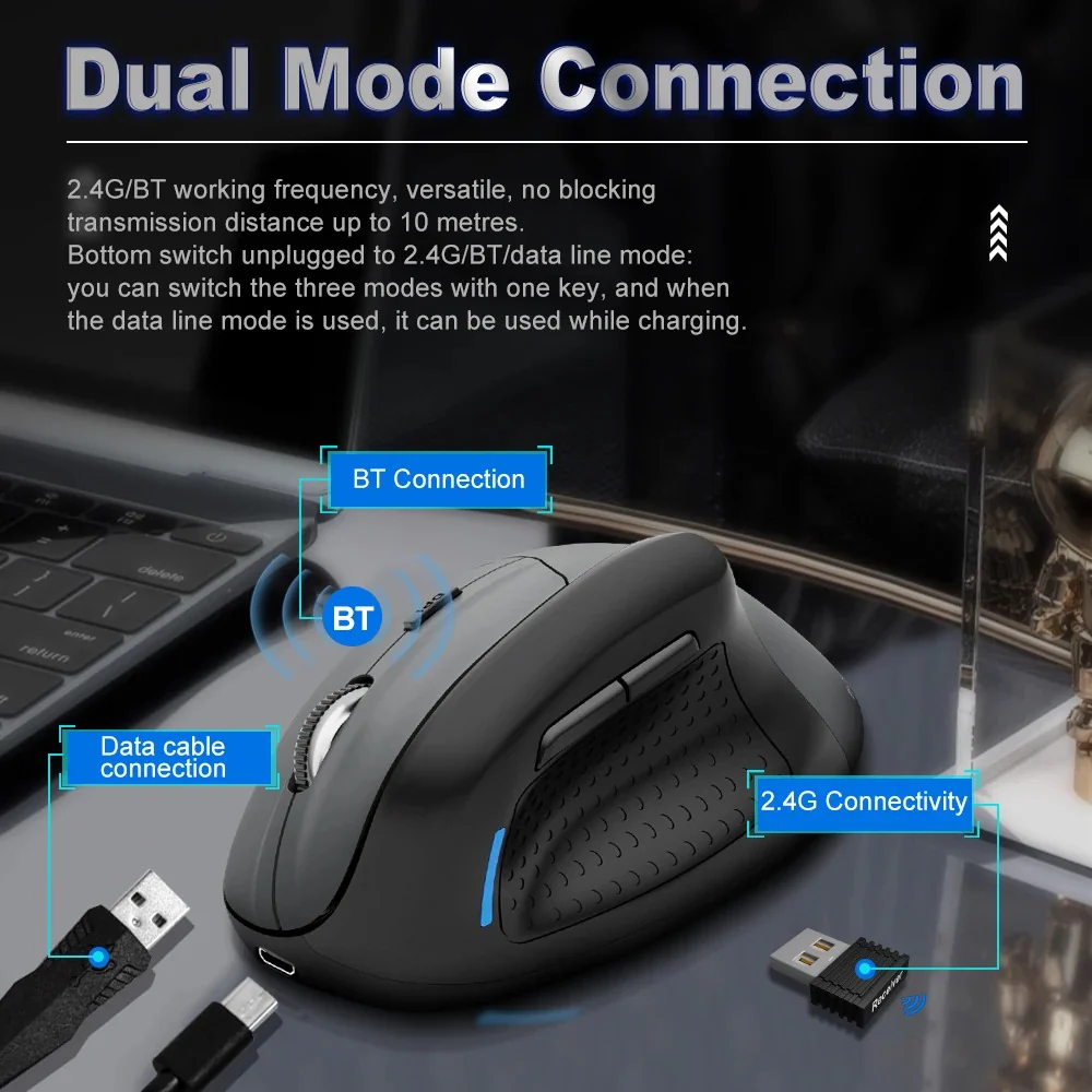 E-YOOSO X-45 Tri-Mode Wireless Vertical Mouse Black 4800Dpi BT 2.4G and Wired Connectivity Supported 15 7fe610cb9ca4086a2cc64ebae922dba5