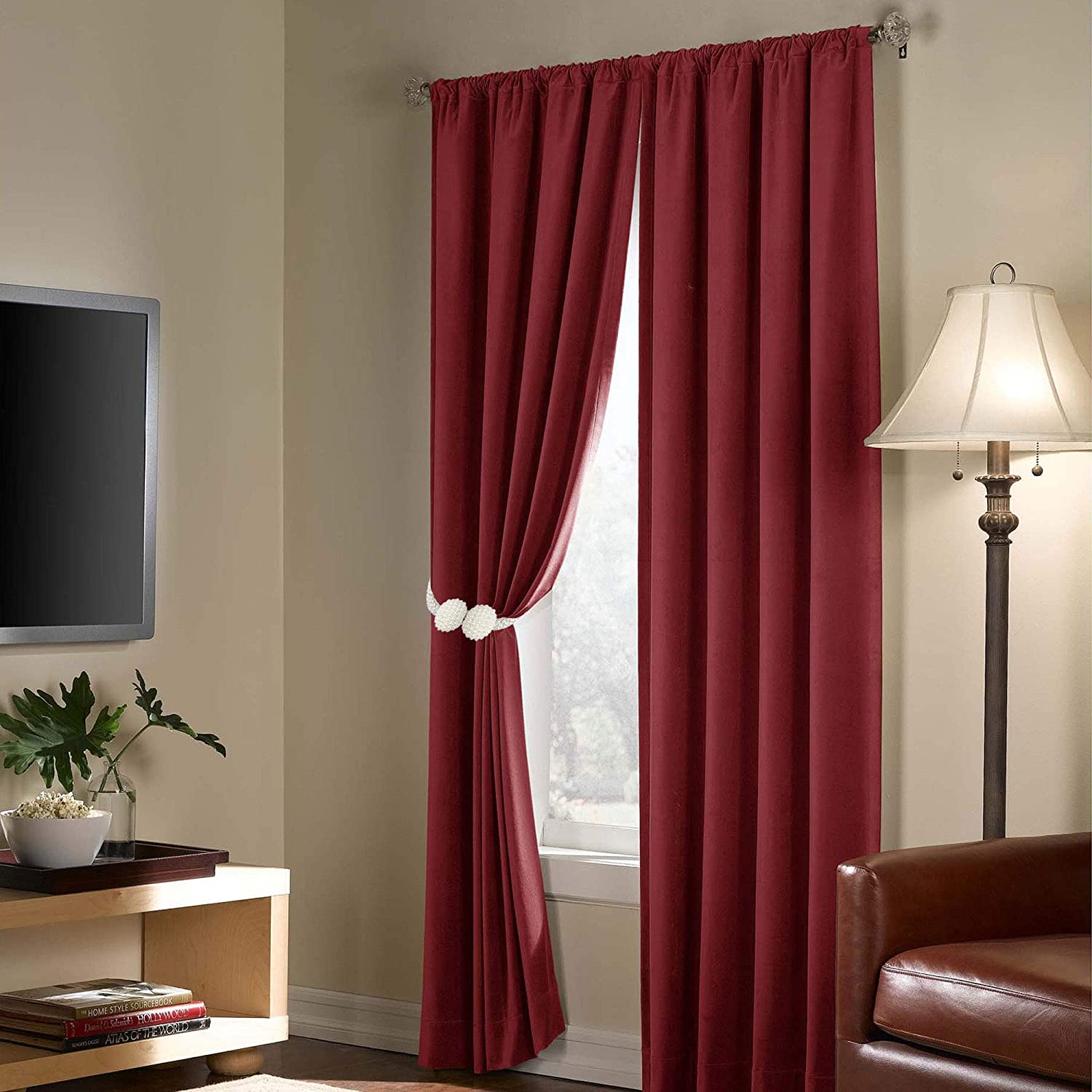2-Pack Red Brown Leather Curtain Tiebacks With Metal Hooks - Decorative Drape Holdbacks