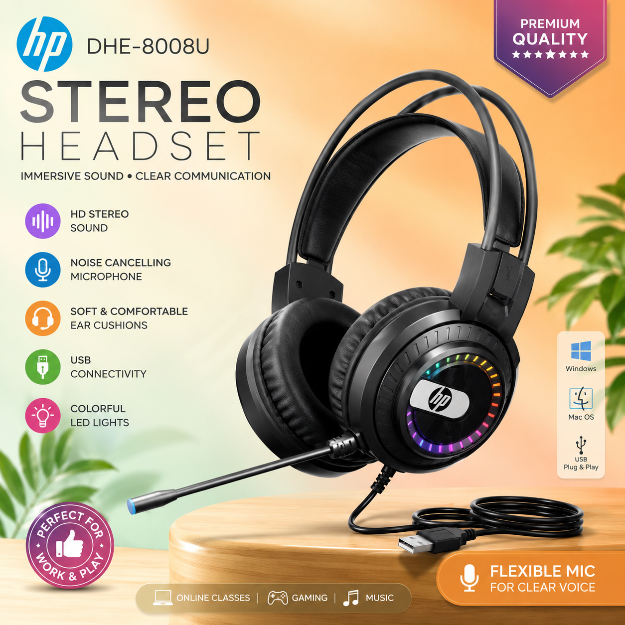 HP DHE-8008U RGB Gaming Headset USB Wired Gaming Headphones with Flexible Microphone, Stereo Sound, LED Lights, Noise Cancelling Mic, Over Ear Headphones for PC Laptop Online Classes Gaming Music