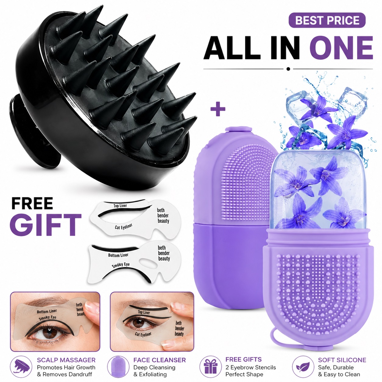 Silicone Shampoo Brush & Face and Eye Ice Roller , Face Beauty Ice Roller, Facial Ice Massage Beauty Silicone, Reusable Leakproof Skin Care Tool ,, Massage Brush Shampoo Brush Clean The Scalp Thoroughly Scalp Massage