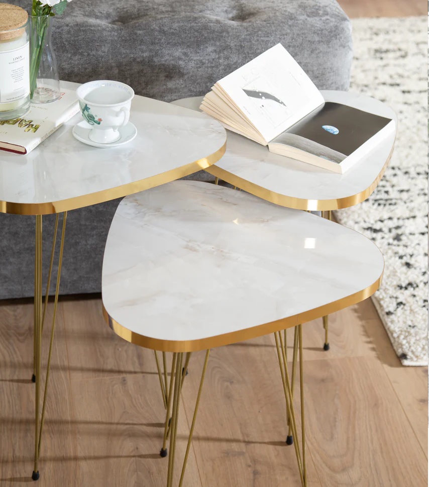Comfort Zoon Mdf Wood Triangle Nesting Table With Metal Stand Set of 3 Round table Table Decoration Coffee Table Round Coffee Table Dining Table Nesting Table Set Side Table Coffee Table Nesting Table Decor