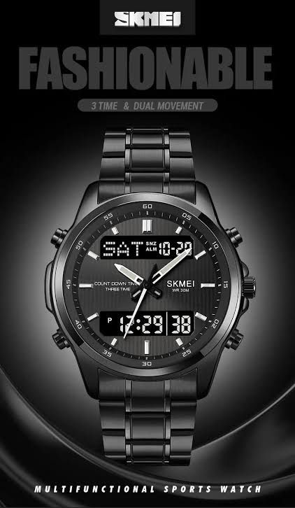 Premium Dual Time Men’s Digital Analog Watch – Steel Chain, Water Resistant, Full Function Display
