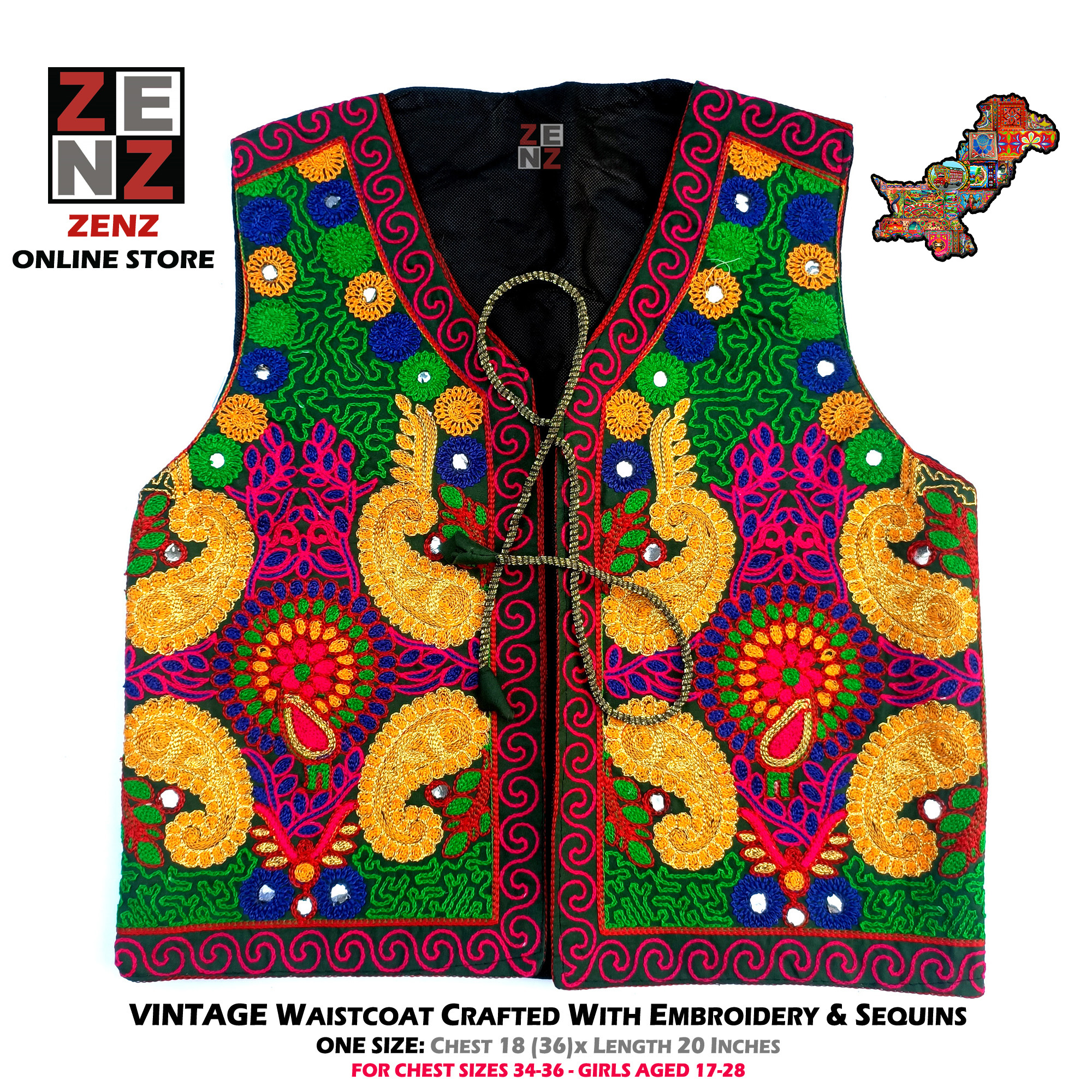 Pakistani Waistcoat Koti for Adult Girls Women Embroidered Multicolour Waist Coat by ZENZ Embroidery Chest 34-36 Inches Peacock Design
