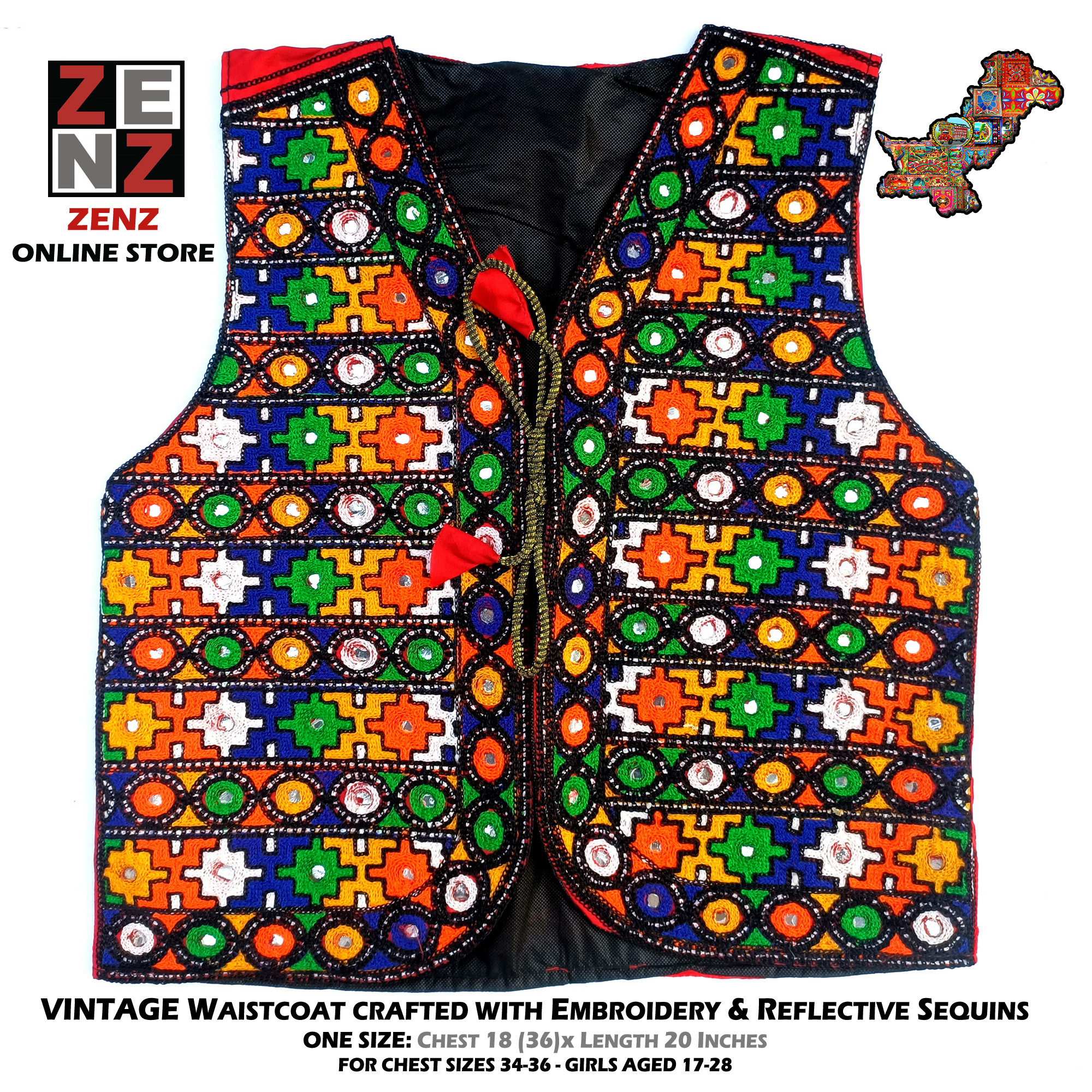 Pakistani Sindhi Balochi Kashmiri Traditional & Cultural Wear Waistcoat Koti Embroidered Zenz Multicoloured Embroidery for Girls & Women