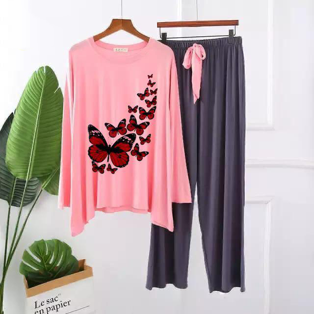 Red Butterfly Comfy & Cozy 2 Pcs Lounge Wear & Nightwear Suit for Girls & Women | Premium Soft Cotton O-Neck Full Sleeves Shirt with Pajama Trouser Set | Casual Home Wear Night Dress - Yellow, Pink, Black Size, women Dress tees long T-shirt & Trouser