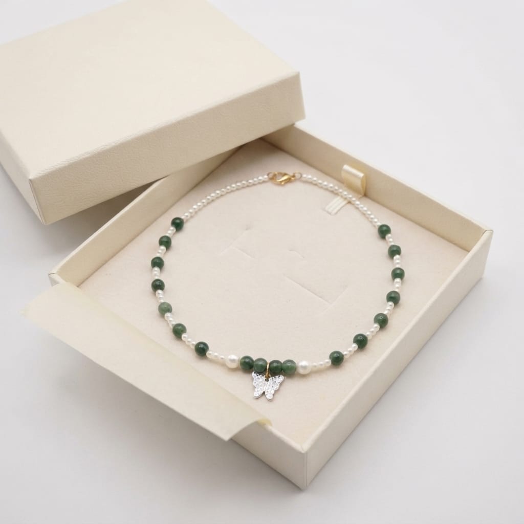 Elegant Butterfly Pendant Necklace Green & White Crystal Beads | 14th August Necklase Fashion Jewelry Gift for Girls & Women