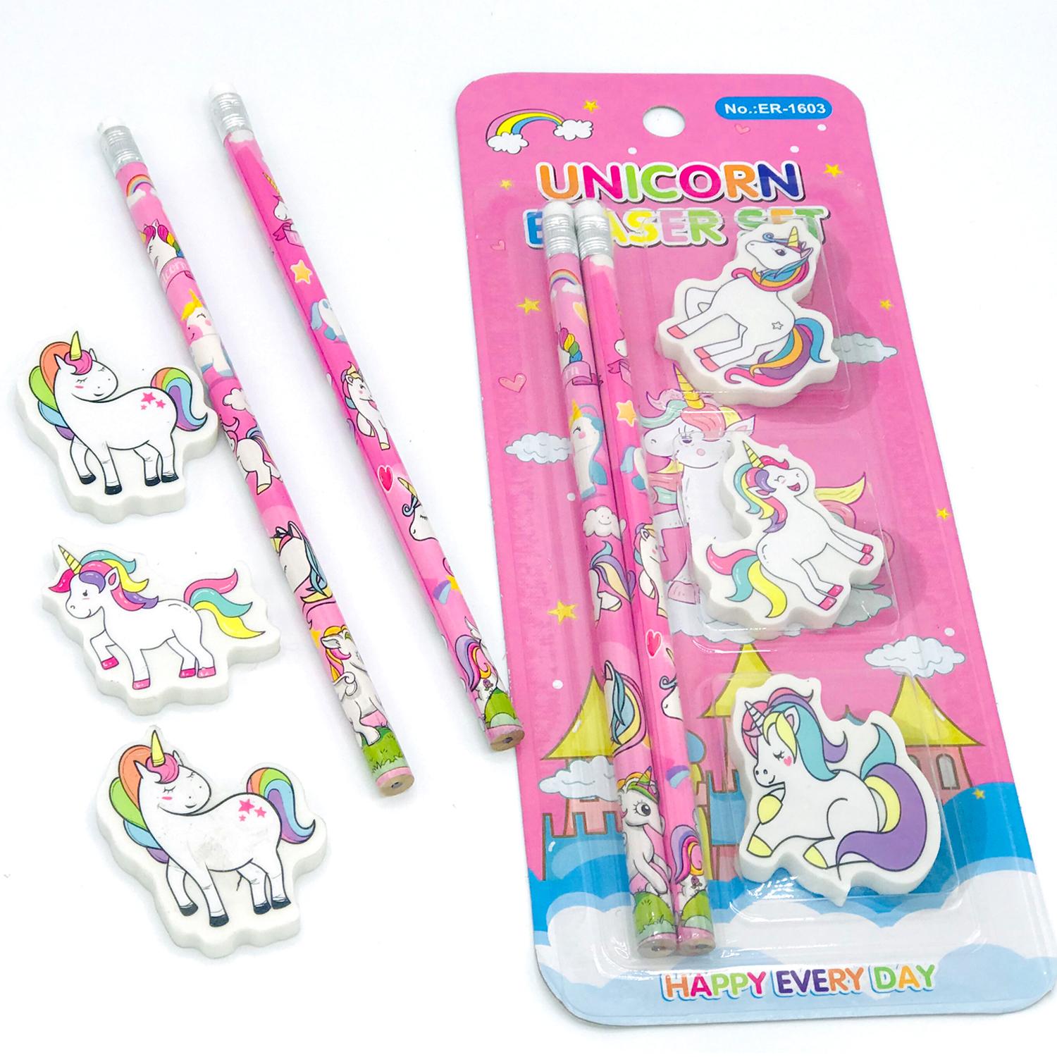 Pack Of 2 Unicorn Pencils And 3 Erasers For Kids School Stationary