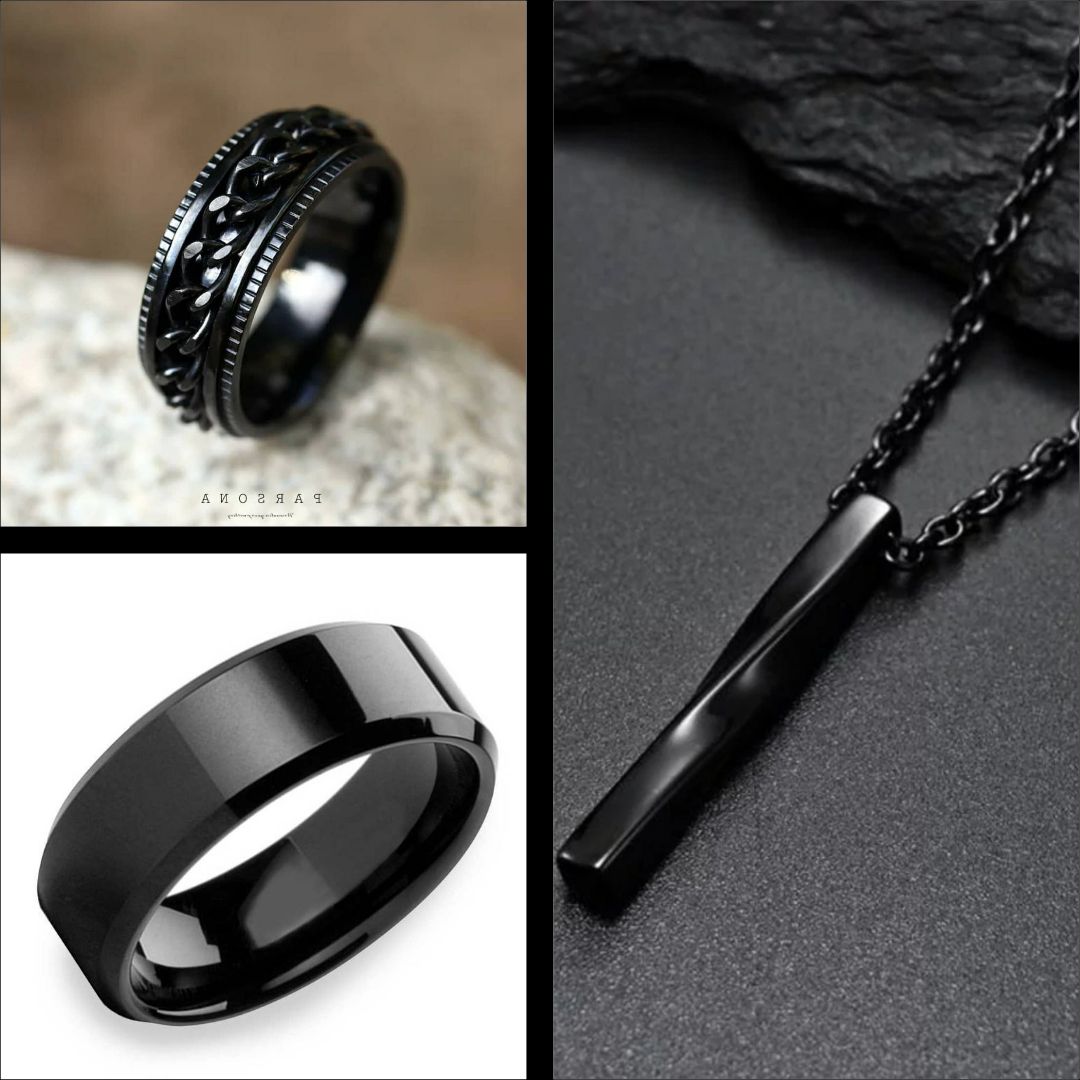 A Family store presents Combo Pack Of 3 Black Twisted Bar Necklace / Spinner Chain Ring And Titanium Ring For Boys /Necklace For Men