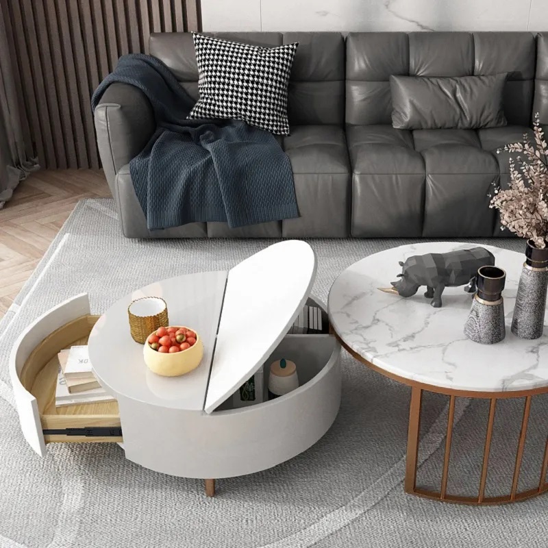 White Round Nesting Coffee Table Set with Storage, Wood Rotating Top in ...