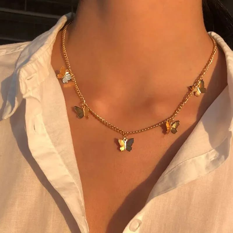 Butterfly Chain Necklace - Trending Golden Design Butterfly Pendant Necklace Choker for Women & Girls