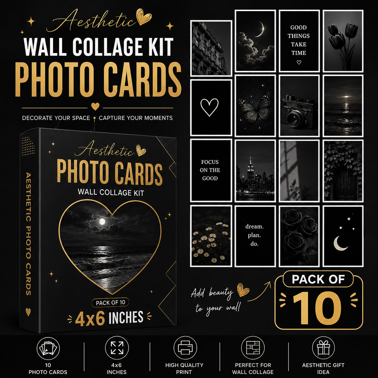 Customize 10 Black Theme Aesthetic Wall Photo Collage Cards 4x6'' For Wall Decorate