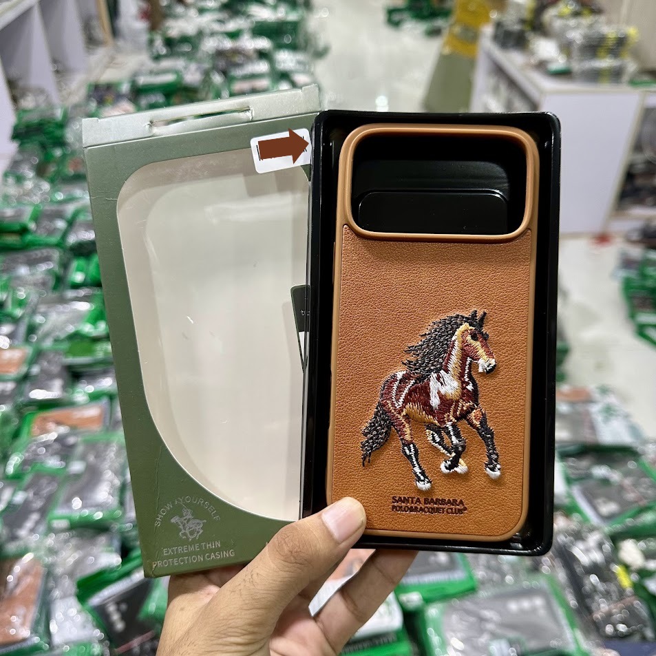 17 PM / 17 Pro / 16 PM / 15 PM Premium Leather Cover with Camera Bump Protection Santa Barbara Polo Club Embroidered Horse Phone Case