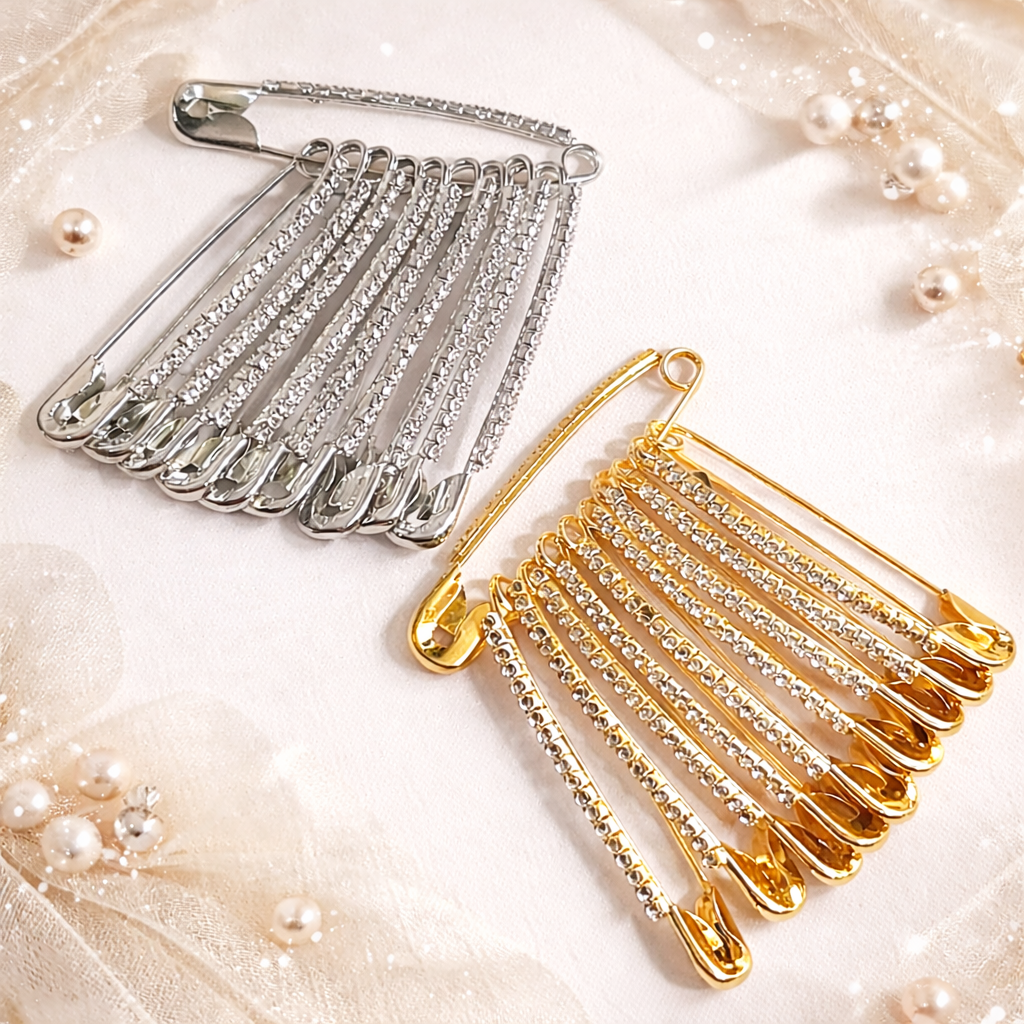 (Pack of 6 pcs, 12 pcs) Traditional Diamond Stone Hijab Safety Pins and Brooches for Dresses Sari Pleats Lehanga Kurtis