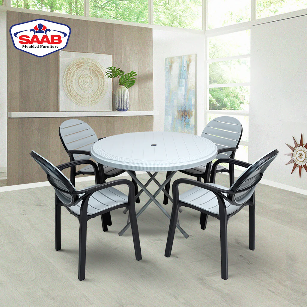 Pack of 04 Chairs with Table) SAAB SP-675 New Full Plastic Indoor