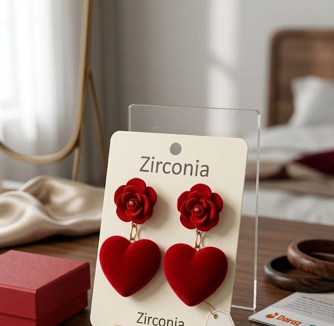 Red Heart Drop Earrings for Women – Zirconia Flower Stud Stylish Cute Jewelry for Girls