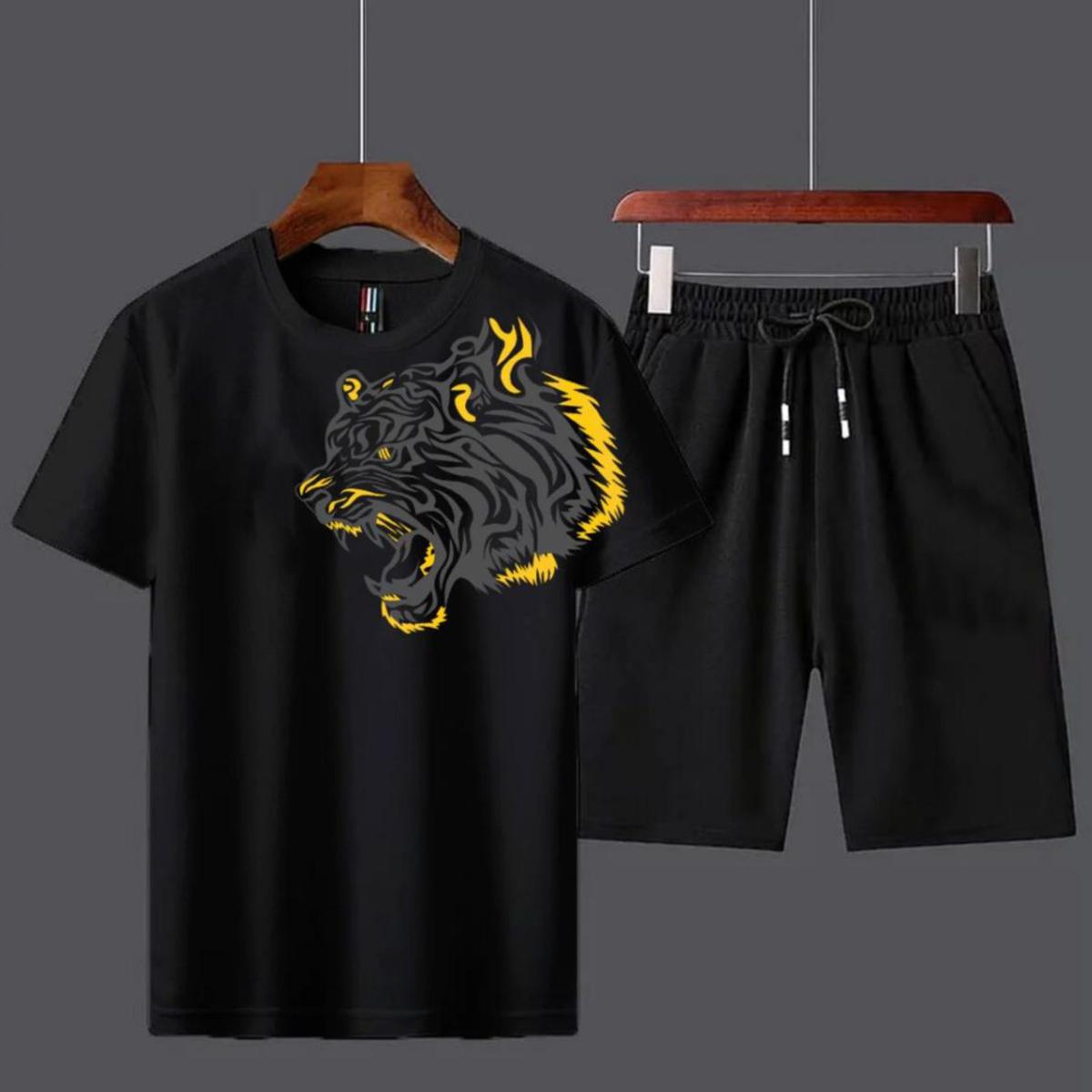 T Shirt and Black Shorts Gym wear Tiger printed summer track Men's