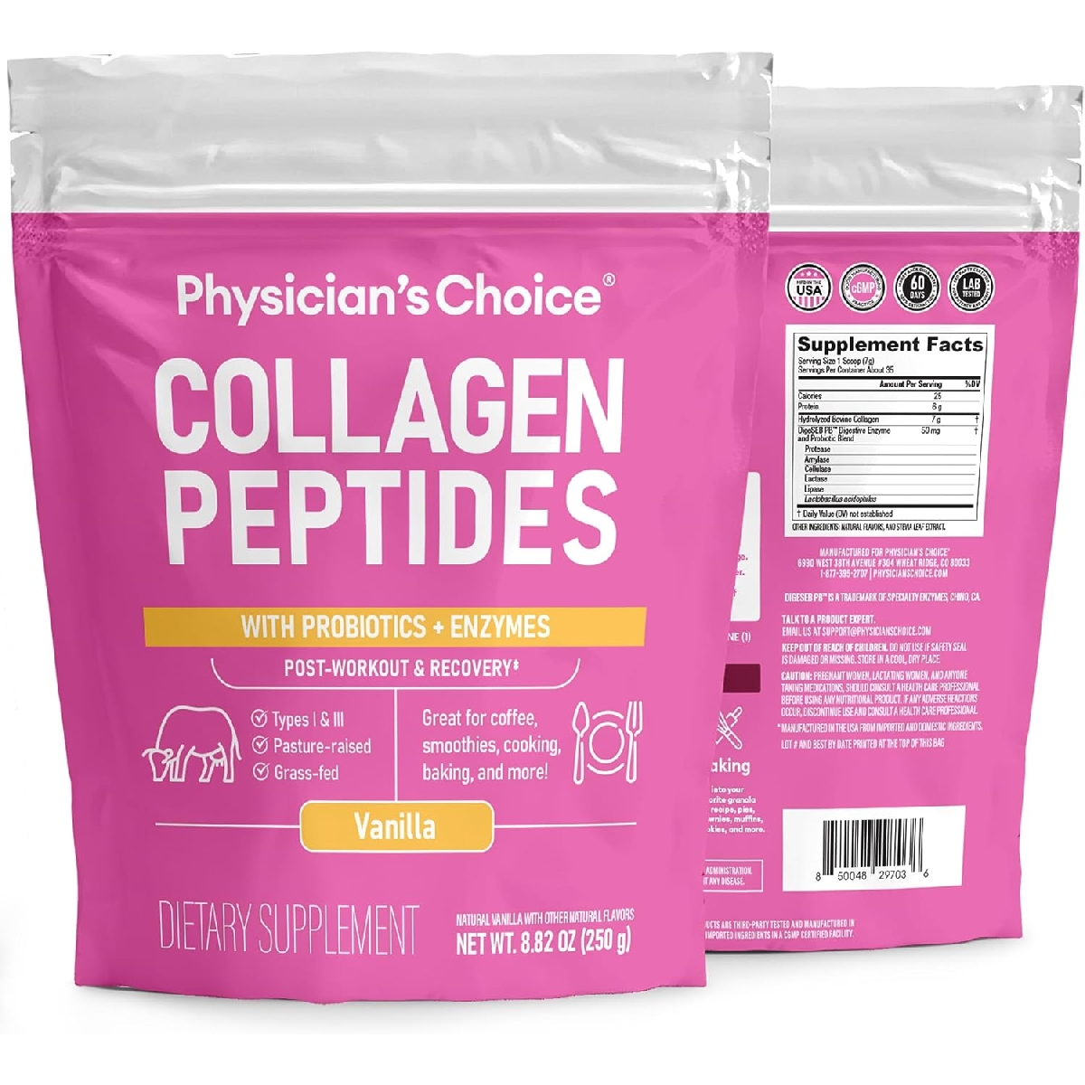 Physician's CHOICE Collagen Peptides Powder (Hydrolyzed Protein - Type I & III) w/Digestive Enzymes - Keto Collagen Powder for Women & Men - Hair, Skin, Joints, Workout Recovery - Grass Fed - Vanilla 250gm