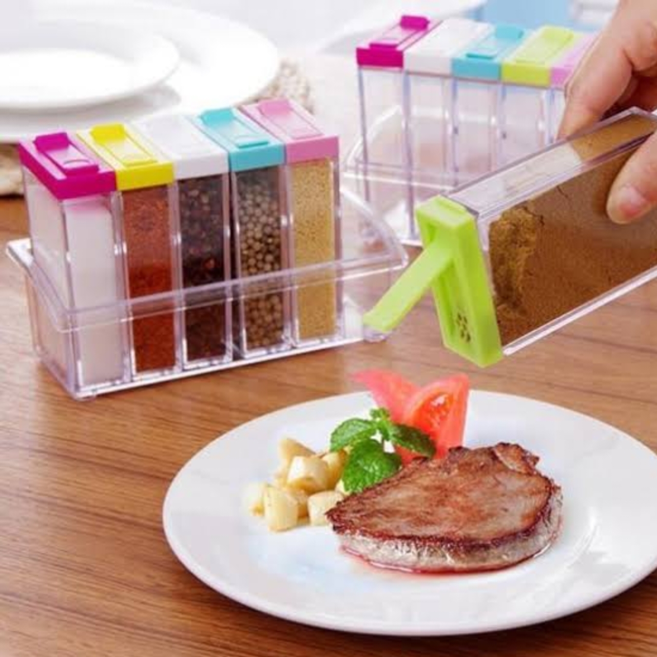 6 Piece Kitchen decor Transparent Spice Jar Set with Colorful Lids for