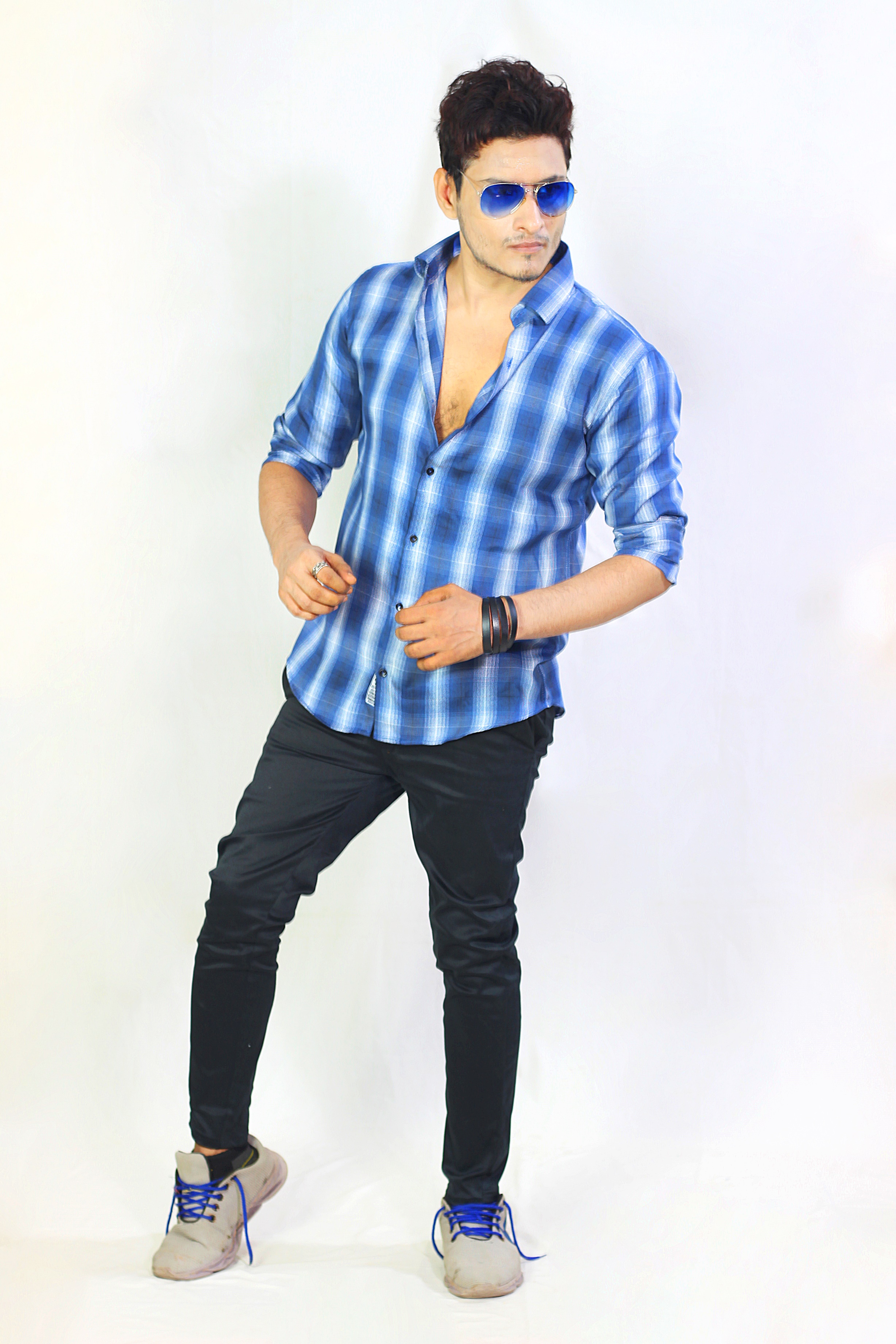 Auditors®️ Mens Semi-Formal Cotton Check Shirt Blue Colour 100% Pure Cotton Fabric For Year-Round - Code AMS-220